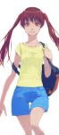  1girl akinbo_(hyouka_fuyou) backpack bag bangs blue_shorts brown_eyes brown_hair collarbone floating_hair hair_ornament highres long_hair looking_at_viewer precure precure_all_stars_new_stage:_mirai_no_tomodachi sakagami_ayumi shiny shiny_hair shirt short_sleeves shorts simple_background smile solo standing twintails white_background yellow_shirt 