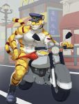  2018 abs anthro biceps boots cigarette clothed clothing countershading digital_media_(artwork) feline footwear front_view fur hat hi_res male mammal muscular muscular_male pecs redwolfalang simple_background smoking stripes tiger topless underwear underwear_pull white_countershading 