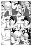  4koma ahoge asymmetrical_hair bangs bow bowtie braid cheek_poking cherry_blossoms closed_eyes collared_shirt comic commentary dress fujinami_(kantai_collection) greyscale hair_between_eyes hair_bow hair_over_shoulder hair_ribbon halterneck hamanami_(kantai_collection) highres kantai_collection kitagawa_(ktgw_116) long_hair long_sleeves lying monochrome multiple_girls on_side parted_lips petals pleated_skirt poking ribbon school_uniform shirt side_ponytail single_braid skirt sleeping sleeveless sleeveless_dress tree 