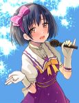  black_hair blush bow brown_eyes collar commentary dress gloves hair_bow holding holding_microphone idolmaster idolmaster_cinderella_girls microphone pink_bow puffy_short_sleeves puffy_sleeves purple_dress sakurazari_hotori shiragiku_hotaru short_sleeves solo white_gloves yellow_neckwear 