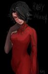  black_background black_gloves breasts cinder_fall copyright_name cowboy_shot dress elbow_gloves facial_scar gloves hair_over_one_eye hand_on_own_chin medium_breasts red_dress red_eyes rwby scar short_hair solo sumiwow 