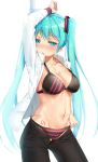  aqua_eyes aqua_hair arm_up black_pants blush bra breasts chain chained collarbone commentary_request cowboy_shot hachinatsu hatsune_miku highres long_hair medium_breasts navel number_tattoo open_clothes open_fly open_shirt panties pants restrained solo stomach striped striped_bra striped_panties tattoo twintails underwear very_long_hair vocaloid white_background 