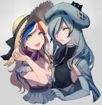  beret blonde_hair blue_eyes blue_hair bow breast_press breasts cleavage commandant_teste_(kantai_collection) commentary_request dress elbow_gloves gloves grey_hair hair_over_one_eye hat hat_ribbon kantai_collection long_hair looking_at_viewer medium_breasts multicolored_hair multiple_girls no_bra open_mouth red_hair ribbon scarf seaplane_tender_water_hime shinkaisei-kan sleeveless sleeveless_dress smile streaked_hair sun_hat symmetrical_docking upper_body walzrj white_hair yellow_eyes 