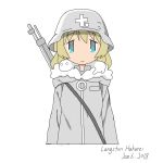  blonde_hair blue_eyes fur_trim helmet jitome langston_hakurei long_hair military military_uniform nuko_(shoujo_shuumatsu_ryokou) shoujo_shuumatsu_ryokou signature simple_background smile stahlhelm uniform weapon white_background yuuri_(shoujo_shuumatsu_ryokou) 