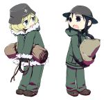  black_hair blonde_hair blue_eyes brodie_helmet chito_(shoujo_shuumatsu_ryokou) commentary_request fur_trim gloves helmet jitome long_hair military military_uniform multiple_girls open_mouth shoujo_shuumatsu_ryokou simple_background stahlhelm tanuki_yatsu uniform white_background yuuri_(shoujo_shuumatsu_ryokou) 