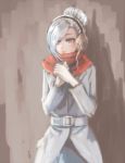  blue_eyes blush cowboy_shot hair_over_one_eye hands_clasped own_hands_together painterly red_skirt rwby scarf silver_hair skirt solo sumiwow trench_coat winter_schnee 