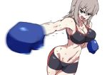  bangs bike_shorts black_shorts blue_eyes boxing boxing_gloves breasts commentary cowboy_shot emblem eyebrows_visible_through_hair foreshortening girls_und_panzer itsumi_erika large_breasts leaning_to_the_side long_hair looking_at_viewer mordeth motion_blur navel open_mouth shorts silver_hair simple_background single_vertical_stripe solo sports_bra standing sweat v-shaped_eyebrows white_background 