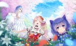  :3 angel_wings black_choker blue_eyes blue_hair blue_sky blush braid breasts cherry_blossoms choker closed_mouth clothes_writing cloud commentary elbow_gloves elu_(nijisanji) fairy_wings flower french_braid gloves grass hair_flower hair_ornament koko_(koko3) large_breasts leaves_in_wind light_blue_hair long_hair moira_(nijisanji) mole mole_under_mouth multiple_girls nijisanji open_mouth outdoors pointy_ears rainbow short_sleeves side_ponytail sky smile tokyo_tower twintails virtual_youtuber white_gloves wings yellow_eyes yuuki_chihiro 