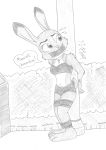  2016 anthro bdsm bondage bound bra clothing disney female gag gagged handcuffed handcuffs hedge hi_res judy_hopps lagomorph limpurtikles mammal monochrome navel outside panties public rabbit shackles signature solo standing sweat sweatdrop tape tape_bondage tape_gag underwear zootopia 