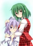  breasts comic commentary eyebrows_visible_through_hair green_hair hair_between_eyes hand_on_another's_arm hand_on_another's_head hat highres hug juliet_sleeves kazami_yuuka letty_whiterock long_sleeves multiple_girls one_eye_closed plaid plaid_skirt plaid_vest puffy_sleeves purple_eyes purple_hair rappa_(rappaya) red_eyes skirt smile touhou vest wide_sleeves 
