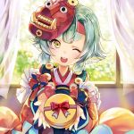  :d blurry blush box curtains day depth_of_field gift giving green_hair headband incoming_gift indoors japanese_clothes kimono kingyo_hime_(onmyoji) light_particles light_rays long_sleeves looking_at_viewer mask mask_on_head one_eye_closed oni_mask onmyoji open_mouth short_hair sibyl smile solo valentine wide_sleeves window yellow_eyes 