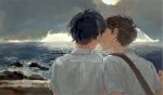  2boys brown_hair dark_hair kiss kiss_on_cheek male male_focus multiple_boys ocean original sea 