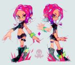  amakusa_(hidorozoa) ankle_boots boots closed_mouth high_heel_boots high_heels leg_belt looking_at_viewer microskirt multiple_views navel octarian octoling orange_eyes pink_hair pointy_ears skirt smile splatoon_(series) splatoon_2 standing tentacle_hair wristband 