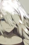  android blue_eyes close-up commentary_request face hair_over_face nier_(series) nier_automata robot_joints saihate_(d3) signature silver_hair tank_top yorha_type_a_no._2 