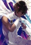  arjuna_(fate/grand_order) arrow backlighting bangs bare_shoulders blurry bow_(weapon) brown_eyes brown_hair chin_rest closed_mouth commentary_request dark_skin dark_skinned_male depth_of_field drawing_bow earrings elbow_gloves expressionless eyebrows_visible_through_hair eyes_visible_through_hair fate/grand_order fate_(series) gloves gold_trim hair_over_one_eye hand_up holding holding_arrow holding_bow_(weapon) holding_weapon indian_clothes itsuki_(gin) jewelry looking_at_viewer male_focus muscle pelvic_curtain shirt signature sleeveless sleeveless_shirt solo swept_bangs turtleneck wavy_hair weapon white_cloak white_gloves white_shirt 