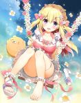  amanatsu_purin_(yadapot) ankle_scrunchie bangs barefoot blonde_hair blush bow breasts cleavage collarbone commentary_request dress dutch_angle eyebrows_visible_through_hair feet fingernails flower hair_between_eyes hair_bow hair_flower hair_ornament hairclip high_heels holding long_hair looking_at_viewer medium_breasts nail_polish original pink_bow pink_dress pink_flower pink_nails pink_rose puffy_short_sleeves puffy_sleeves rose sandals scrunchie shoes short_sleeves single_shoe sitting solo swing toenail_polish toenails two_side_up very_long_hair white_flower white_footwear white_scrunchie yadapot 