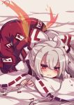  ahoge ass baggy_pants bangs bed_sheet blunt_bangs blush bow commentary_request drooling eyebrows_visible_through_hair fiery_wings fujiwara_no_mokou hair_between_eyes hair_bow highres long_hair long_sleeves looking_at_viewer muuran ofuda open_mouth pants parted_lips ponytail red_eyes red_pants ribbon-trimmed_sleeves ribbon_trim shiny shiny_hair shirt sidelocks signature silver_hair sleeves_past_wrists solo suspenders top-down_bottom-up touhou white_bow white_shirt wide_sleeves wings 