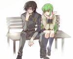  1girl ashford_academy_uniform bench black_jacket black_pants blue_legwear brown_hair c.c. code_geass couple covered_mouth creayus eyebrows_visible_through_hair green_hair hand_on_own_face jacket legs_apart lelouch_lamperouge long_hair long_sleeves looking_at_another low_twintails pants purple_eyes school_uniform shoes sitting smile socks sweatdrop twintails yellow_eyes 