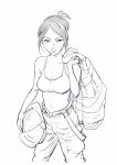  breasts cleavage collarbone commentary_request helmet highres holding holding_helmet jacket_on_shoulders lineart medium_breasts midriff monochrome navel original solo sports_bra tied_hair urasawa_naoki 