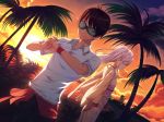  black_hair building closed_eyes cloud dutch_angle floating_hair game_cg goggles highres japanese_clothes kimono long_hair nukigee_mitai_na_shima_ni_sunderu_watashi_wa_dou_surya_ii_desu_ka? obi outdoors palm_tree sash shirt short_sleeves silver_hair sky star_(sky) starry_sky sun sunset tachibana_junnosuke tree very_long_hair white_shirt wristband yukata 