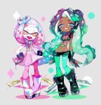  2girls :d amakusa_(hidorozoa) black_gloves boots cephalopod_eyes crown dark_skin dress fang fingerless_gloves gloves green_legwear groin hands_on_hips hime_(splatoon) iida_(splatoon) long_hair looking_at_viewer micro_shorts mole mole_under_eye multiple_girls octarian open_mouth pantyhose pink_dress pink_legwear short_eyebrows shorts smile splatoon_(series) splatoon_2 standing suction_cups tentacle_hair 