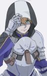  armor arthur_pendragon_(fate) belt blonde_hair closed_mouth commentary_request fate/prototype fate_(series) gauntlets green_eyes hand_up hood hood_up long_sleeves looking_at_viewer male_focus mi_(pic52pic) plate_armor shoulder_armor smile solo spaulders 
