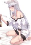  animal_ears blush breasts cleavage commentary_request covered_nipples deras fingernails from_side granblue_fantasy grey_eyes grey_hair hand_up kneeling korwa large_breasts long_hair long_sleeves naked_shirt off_shoulder parted_lips quill shirt simple_background sitting smile solo white_background 