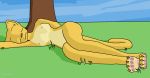  2018 3d_(artwork) anthro bizzyniz breasts casual_nudity cel_shading digital_media_(artwork) eyes_closed feline female grass hi_res katia_managan khajiit lying mammal natural_breasts nipples nude outline outside prequel simple_background sleeping solo the_elder_scrolls tree video_games 