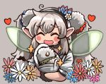  ahoge bad_id bad_pixiv_id blush_stickers chibi closed_eyes commentary_request elu_(nijisanji) fairy_wings flower green_wings grey_background hair_flower hair_ornament hairband heart hug kakuzatou_(koruneriusu) long_hair nijisanji open_mouth pointy_ears short_sleeves smile solo sparkle twintails wings 