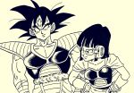  1girl adapted_costume alternate_hair_length alternate_hairstyle armor bangs breasts capelet chi-chi_(dragon_ball) cleavage collarbone commentary_request dragon_ball dragon_ball_z frown hands_on_hips highres ink_(medium) lee_(dragon_garou) medium_breasts monochrome muscle scar scouter shoulder_pads smile son_gokuu sweatdrop traditional_media wrist_cuffs 