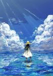  akagi_shun bad_id bad_twitter_id black_hair blue_sky cloud commentary_request day dress facing_away from_behind hat horizon light_rays long_hair ocean outdoors sky solo standing sun_hat twitter_username wading white_dress 