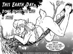  2018 anthro belt bracelet braided_hair breasts cervine dialogue ear_piercing earth_day elbow_tufts english_text female forest greyscale hair hooves jewelry looking_at_viewer mammal monochrome moose musa_blackhoof nipples nude piercing pigtails ponytail solo speech_bubble style_wager text tree tuft 
