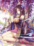  bare_legs barefoot breasts brown_hair cleavage day dress earrings fingernails flower forehead_jewel full_body hair_ornament half-closed_eyes hands_up highres instrument jewelry long_hair looking_at_viewer lute_(instrument) medium_breasts original outdoors petals pink_dress purple_eyes purple_flower sam_ashton shadowverse short_dress sitting smile solo stud_earrings wariza wide_sleeves wind wisteria 