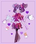  amakusa_(hidorozoa) bangs blunt_bangs bow bowtie brown_hair bug croissant cup doughnut dress fang_out fangs fangs_out food insect_girl interlocked_fingers looking_at_viewer monster_girl muffet own_hands_together pantyhose pink_bow pink_dress purple_skin red_neckwear smile solo spider spider_girl standing teacup twintails undertale 