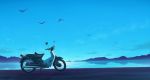  bird blue_sky cloud day gensuke_(ryun) ground_vehicle honda honda_super_cub lake motor_vehicle motorcycle mountainous_horizon no_humans original outdoors reflection scenery shore sky water 