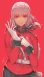  belt braid commentary_request fate/grand_order fate_(series) florence_nightingale_(fate/grand_order) gloves hair_tie highres military military_uniform pink_hair putting_on_gloves red_eyes saihate_(d3) single_braid solo uniform white_gloves 