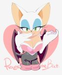  anthro bat breasts cleavage clothed clothing english_text eyeshadow female fur gloves green_eyes hi_res lipstick makeup mammal rouge_the_bat solo sonic_(series) text video_games white_fur wings おみや 