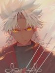  amakusa_shirou_(fate) black_shirt blade cape commentary_request dark_skin dark_skinned_male earrings fate/apocrypha fate/grand_order fate_(series) highres holding holding_knife jewelry knife red_cape saihate_(d3) serious shirt white_hair yellow_eyes 