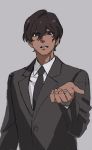  alternate_costume arjuna_(fate/grand_order) black_jacket black_neckwear brown_eyes brown_hair collared_shirt commentary_request fate/grand_order fate_(series) fingernails formal grey_background hair_between_eyes hand_up jacket long_sleeves looking_at_viewer male_focus mi_(pic52pic) necktie shirt simple_background solo upper_body white_shirt wing_collar 
