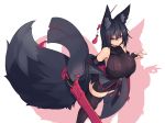  animal_ear_fluff animal_ears bare_shoulders black_gloves black_hair black_legwear blue_eyes blush breasts ear_piercing elbow_gloves eyebrows_visible_through_hair fingernails fox_ears fox_shadow_puppet fox_tail gloves hair_between_eyes hair_ornament hair_stick hairclip highres holding holding_sword holding_weapon huge_breasts japanese_clothes kiri_(sub-res) long_hair looking_at_viewer original piercing simple_background sleeveless smile solo standing sub-res sword tail thighhighs weapon zettai_ryouiki 