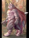  2018 abs anthro biceps canine caro_zalt clothing digital_media_(artwork) fd-caro fur hi_res kemono loincloth male mammal melee_weapon muscular muscular_male pecs sword tattoo weapon wolf 