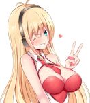  ;d antenna_hair aqua_eyes bangs bare_shoulders baretto_(karasi07) black_hairband blonde_hair blush breasts cleavage cleavage_cutout grin hairband heart highres large_breasts long_hair looking_at_viewer necktie one_eye_closed open_mouth red_neckwear simple_background smile solo straight_hair teeth tsurumaki_maki upper_body v v-shaped_eyebrows very_long_hair voiceroid white_background wing_collar 