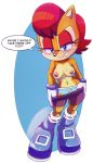  anthro biting_lip blue_eyes boots breasts brown_fur chipmunk clothed clothing female footwear fur hair hecticarts mammal nipples red_hair rodent sally_acorn solo sonic_(series) text topless underwear undressing 