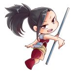  akaji_(alpha0107) black_hair boku_no_hero_academia brown_eyes chibi looking_at_viewer looking_back no_nose open_mouth pole ponytail red_footwear red_shirt shirt single_sidelock sleeveless sleeveless_shirt solo white_background yaoyorozu_momo 