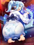  :d animal_ears artist_name ass blue_eyes commentary_request ikemura_hiroichi japanese_clothes kimono open_mouth original panties pantylines pointy_ears sandals see-through side_ponytail smile snowflake_print solo squatting underwear yukata yuki_onna 