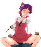  1girl blush cat_girl clenched_teeth collarbone crying dog_collar dress fang gegege_no_kitarou girl_on_top hifgres implied_sex looking_at_viewer nekomusume_(gegege_no_kitarou_6) pov purple_hair red_dress short_dress spread_legs tears teeth yellow_eyes 