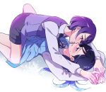  blue_dress blue_eyes blue_hair blush dokidoki!_precure dress eye_contact girl_on_top hishikawa_rikka kenzaki_makoto long_hair looking_at_another lying multiple_girls negom on_back precure purple_eyes purple_hair short_hair simple_background white_background yuri 