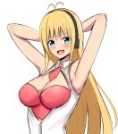  :d antenna_hair aqua_eyes armpits arms_behind_head arms_up bangs bare_shoulders baretto_(karasi07) black_hairband blonde_hair blush breasts cleavage cleavage_cutout hairband highres large_breasts long_hair looking_at_viewer necktie open_clothes open_mouth open_vest partially_unzipped red_neckwear simple_background smile solo straight_hair tsurumaki_maki upper_body v-shaped_eyebrows very_long_hair vest voiceroid white_background white_vest wing_collar 