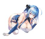 ahoge all_fours arm_support ass azur_lane bangs bare_shoulders bed biting blue_hair blush breasts butt_crack cleavage clothes_tug commentary_request dress elbow_gloves eyebrows_visible_through_hair garter_straps glove_biting gloves gradient_hair hair_between_eyes hair_ornament hair_over_shoulder hair_ribbon half-closed_eyes highres large_breasts leaning_forward long_hair looking_at_viewer multicolored_hair no_panties no_shoes ponytail purple_eyes ribbon shiny shiny_skin short_dress sideboob sidelocks simple_background sitting smile solo st._louis_(azur_lane) thighhighs thighs tress_ribbon white_background white_gloves white_legwear youta 