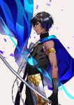  arjuna_(fate/grand_order) armlet black_gloves black_shirt blue_cape brown_eyes brown_hair cape commentary_request dark_skin dark_skinned_male fate/grand_order fate_(series) from_side gloves gold_trim grey_background highres holding holding_sword holding_weapon indian_clothes looking_at_viewer looking_to_the_side male_focus profile shirt simple_background sleeveless sleeveless_shirt smile solo standing sword tenobe weapon 